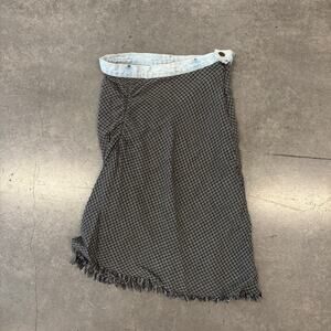 Vintage Y2k Tweed Blue Pleated Fray Hem Midi Brown Denim Skirt 26 Small